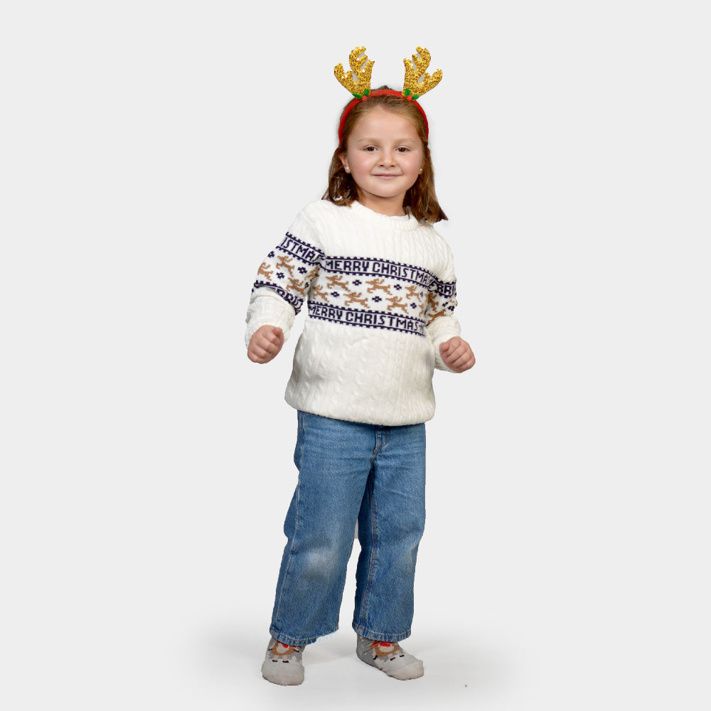 Camisola de Natal Elegante para Crianças Branca com Renas  Algodão Orgânico