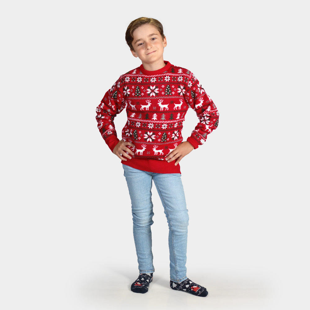 Camisola de Natal para Menino Vermelha com Renas, Árvores e Estrela Polar