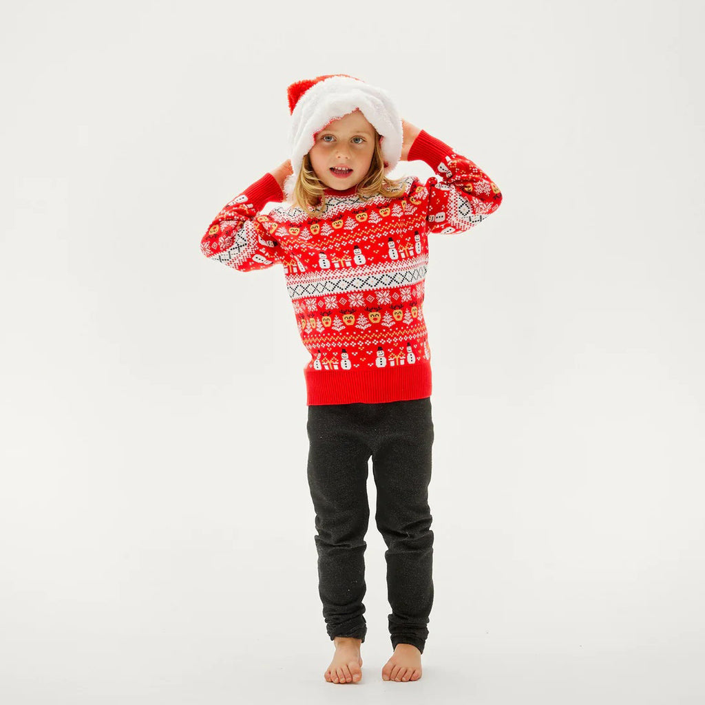 Camisola de Natal Vermelha para Crianças  Bonecos Árvores Algodão Orgânico