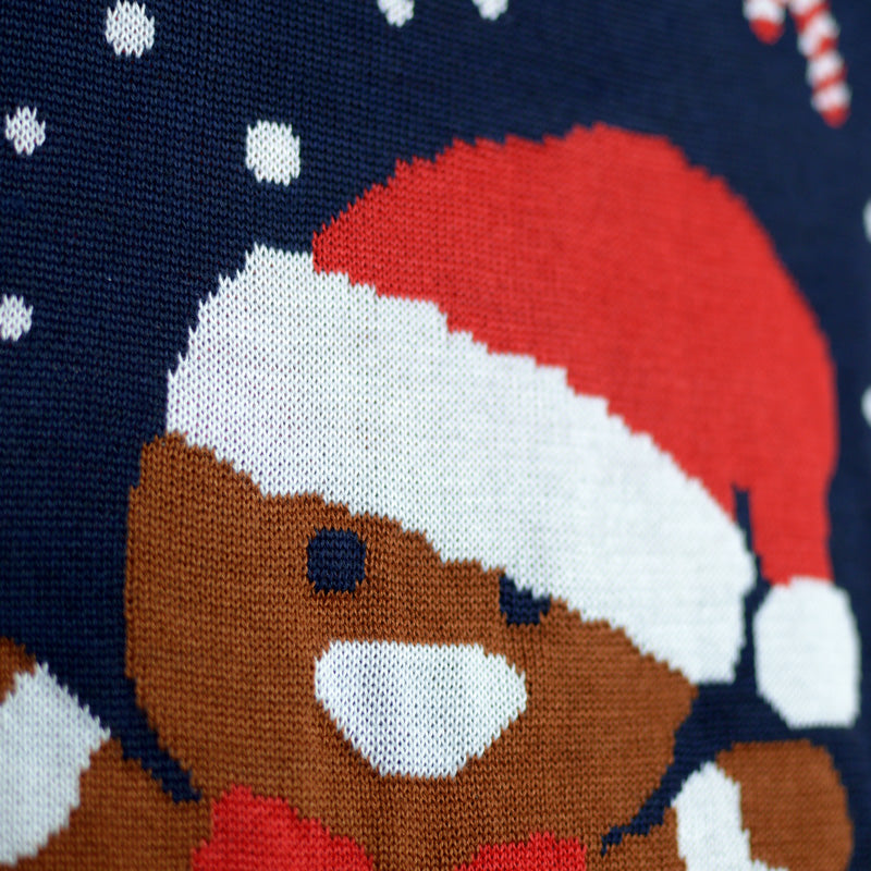 Camisola de Natal Azul para Menina y Menino Gingerbread detalhe