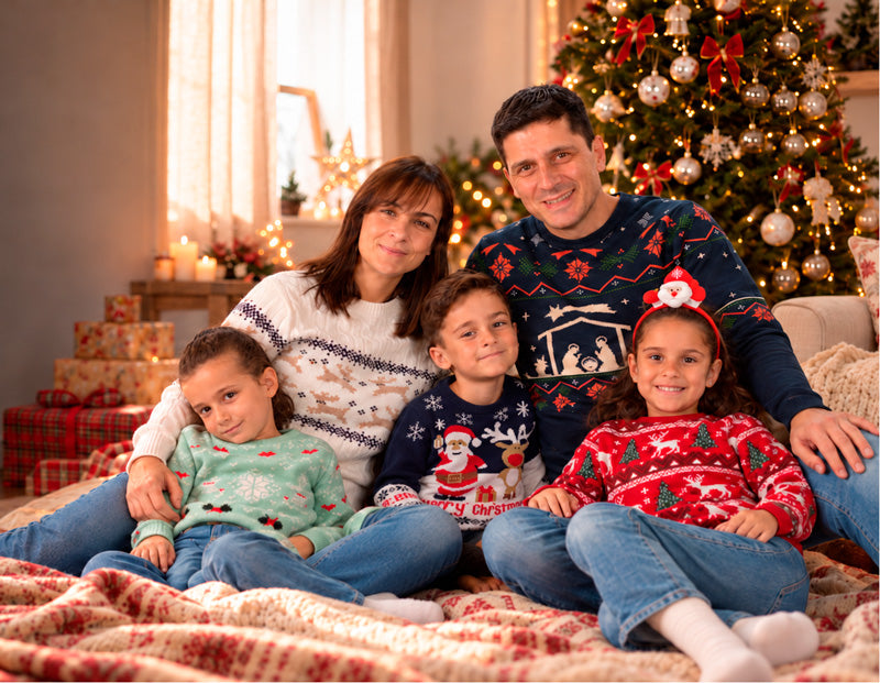 Família a usar camisolas de Natal com designs exclusivos