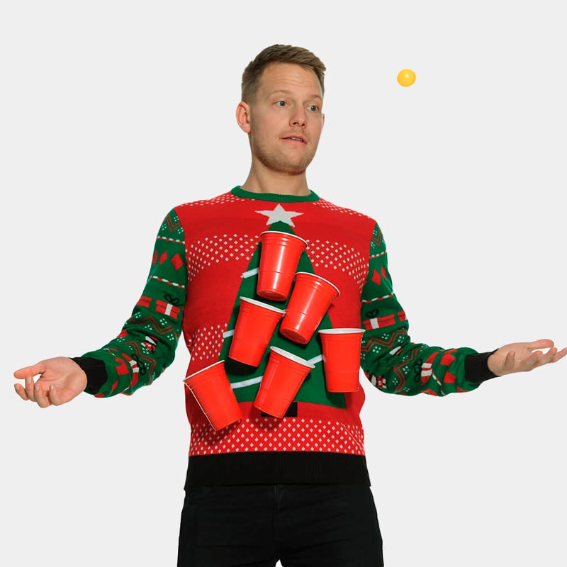 Homem Camisola de Natal Beer-Pong + Abridor de cerveja