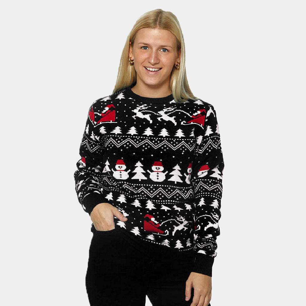 Camisola de Natal Preta Mulher Árvores, Bonecos e Pai Natal
