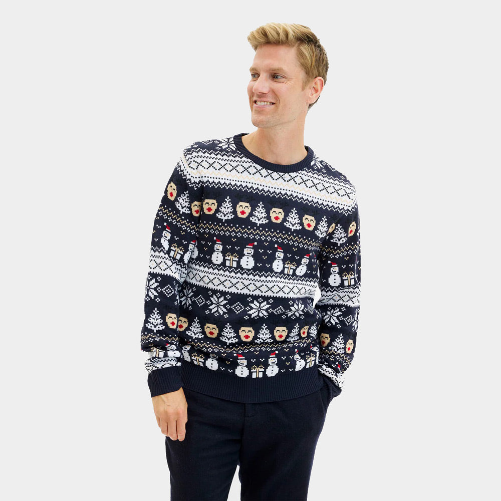 Camisola de Natal Azul Bonecos de Neve e Árvores para Homem 
