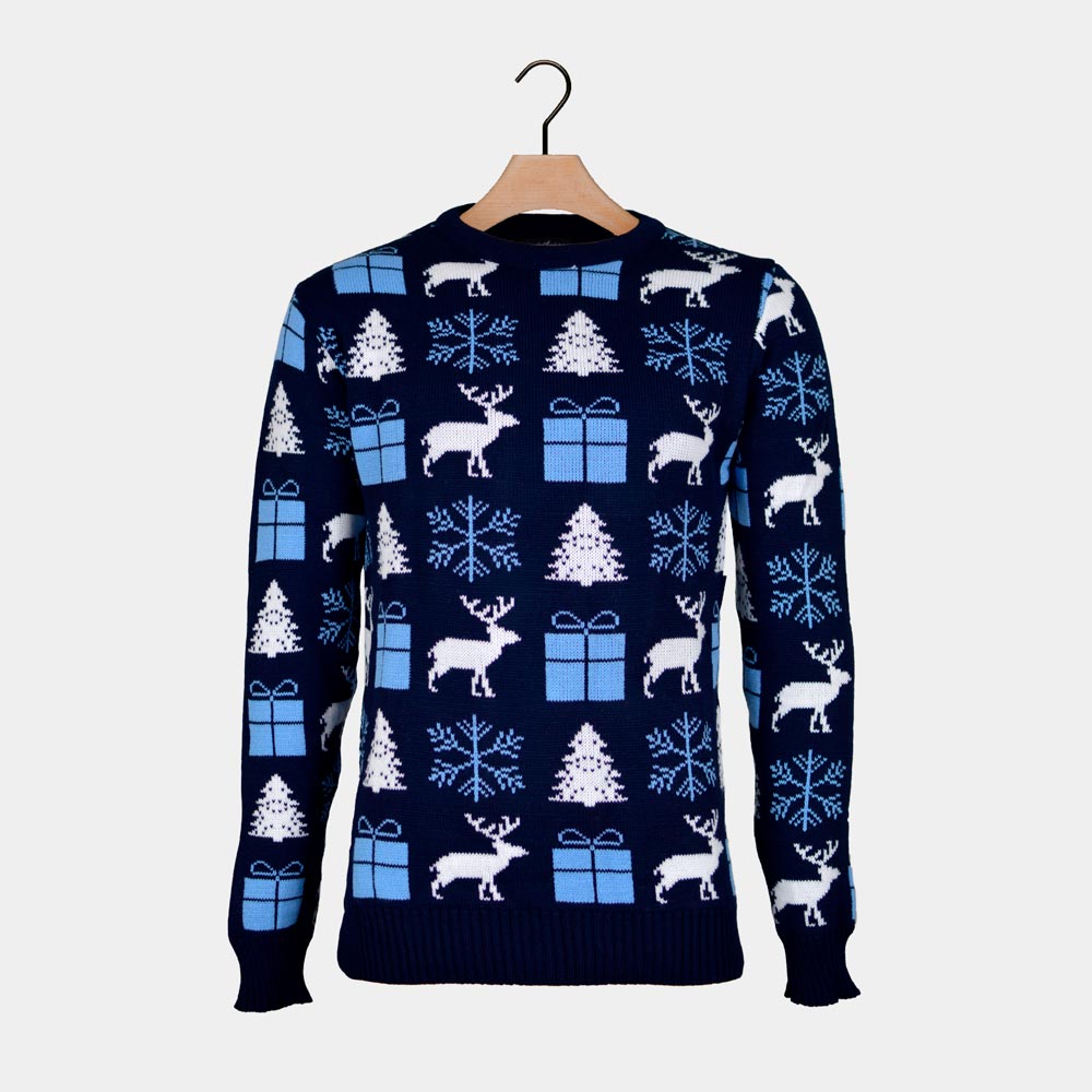 Camisola de Natal para Casal Azul Renas, Presentes e Pinheiros