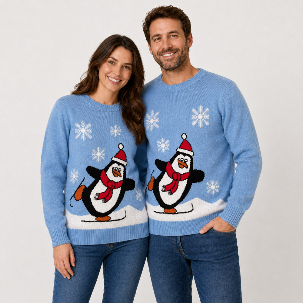 Camisola de Natal Família Azul Claro com Pinguim Casal
