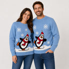 Camisola de Natal Família Azul Claro com Pinguim Casal
