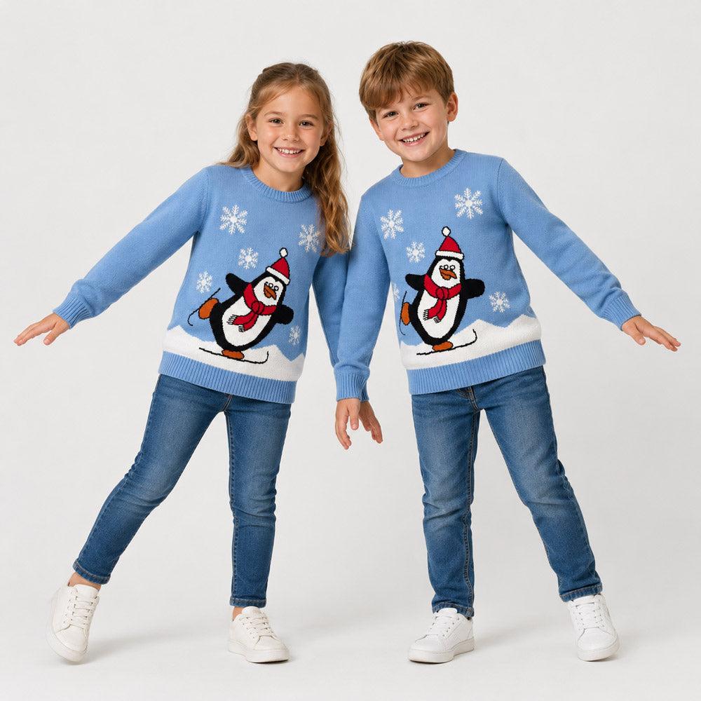 Camisola de Natal Família Azul Claro com Pinguim Crianças
