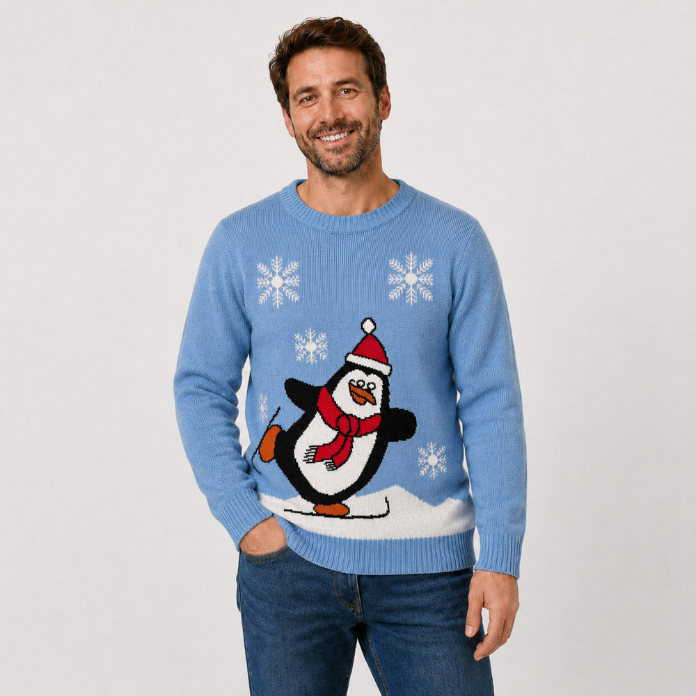 Camisola de Natal Família Azul Claro com Pinguim Homen

