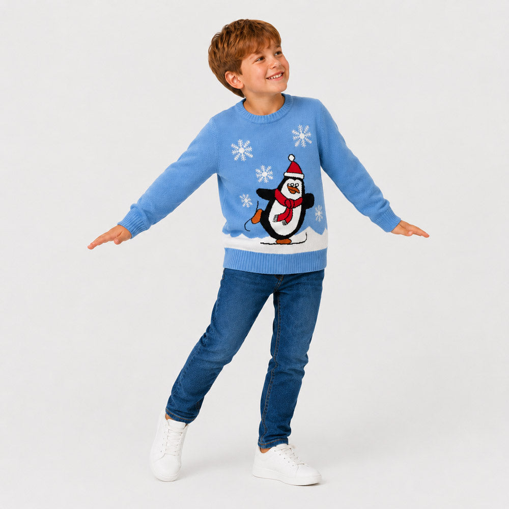 Camisola de Natal Família Azul Claro com Pinguim Menino
