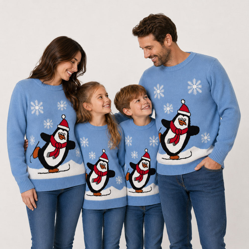 Camisola de Natal Família Azul Claro com Pinguim
