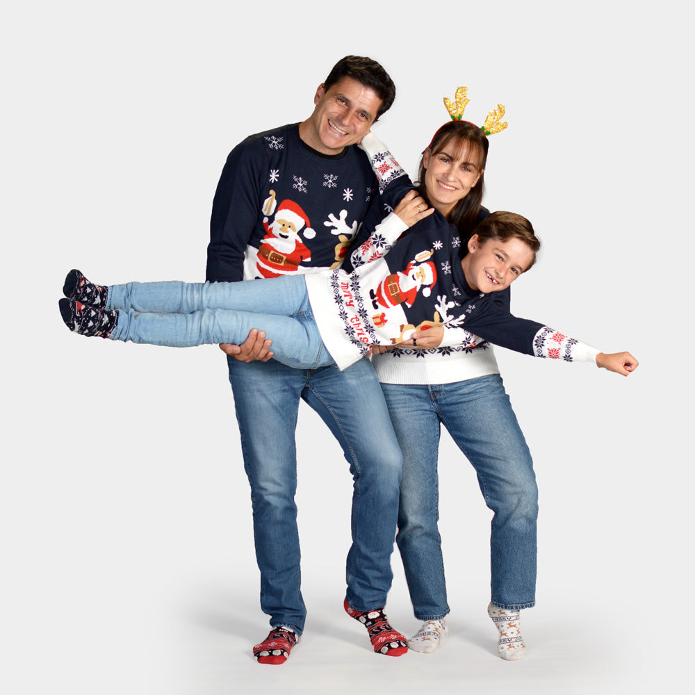 Camisola de Natal Azul para Menina e Menino Pai Natal e Rena Rudolph Família
