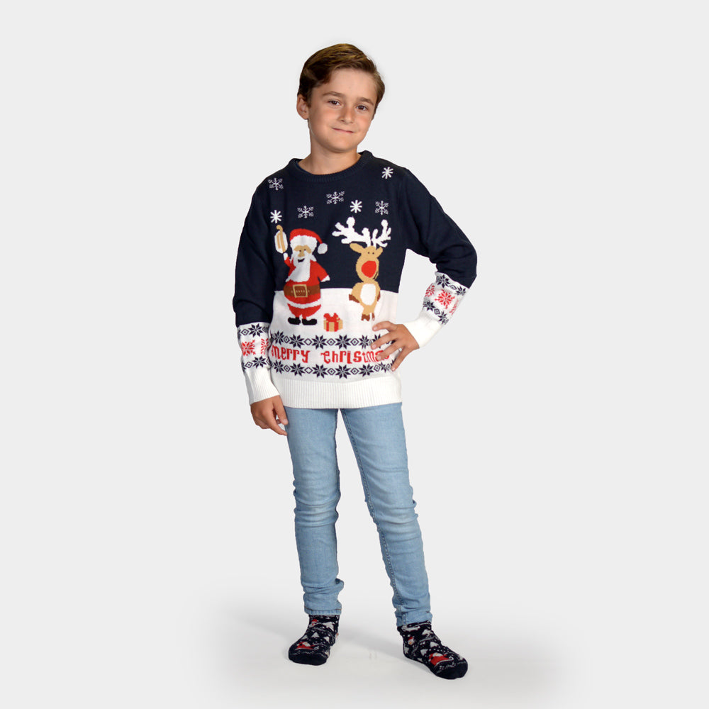 Camisola de Natal Azul para Menina e Menino Pai Natal e Rena Rudolph
