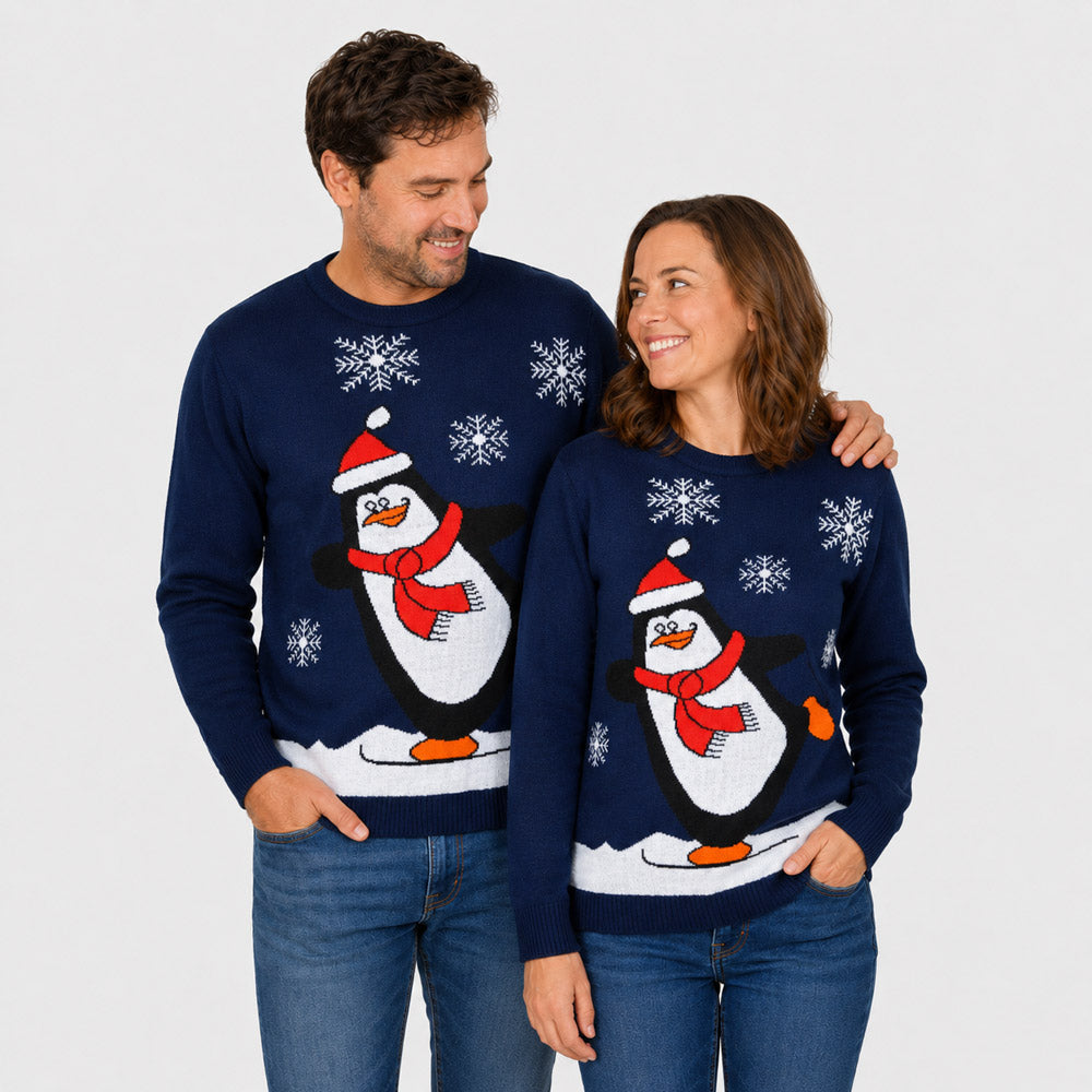 Camisola de Natal Azul Família com Pinguim Casal