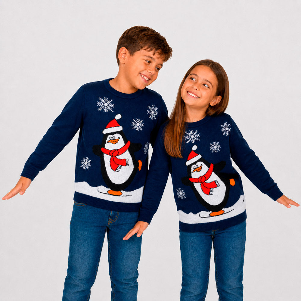 Camisola de Natal Azul Família com Pinguim Crianças
