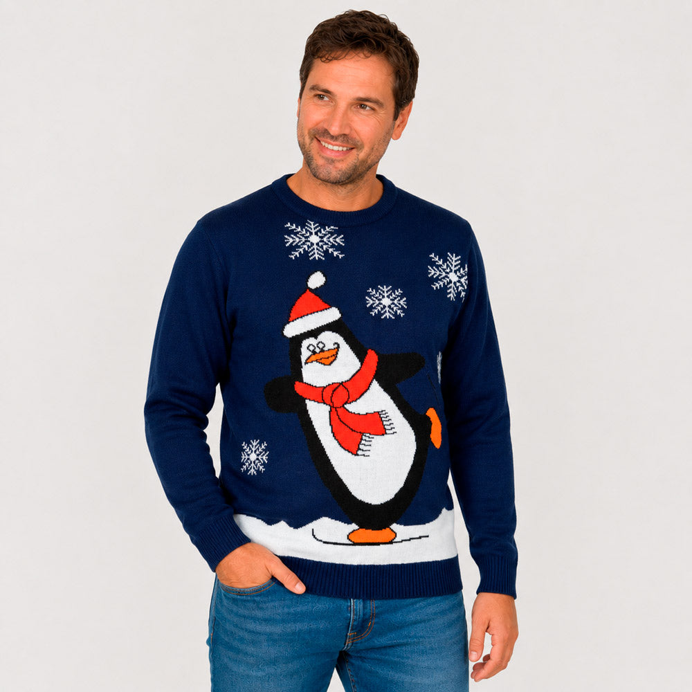 Camisola de Natal Azul Família com Pinguim Homen
