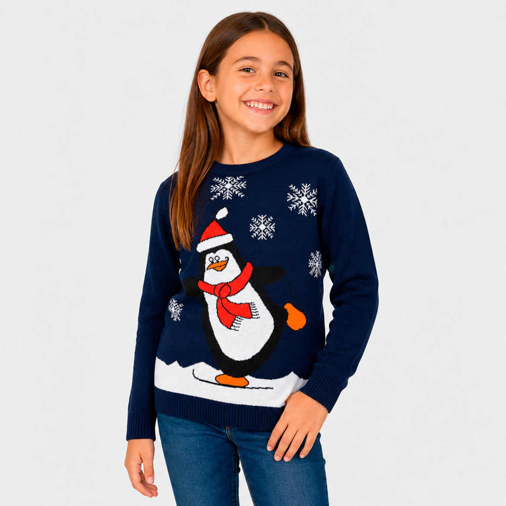Camisola de Natal Azul Família com Pinguim Menina
