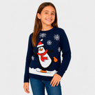 Camisola de Natal Azul Família com Pinguim Menina
