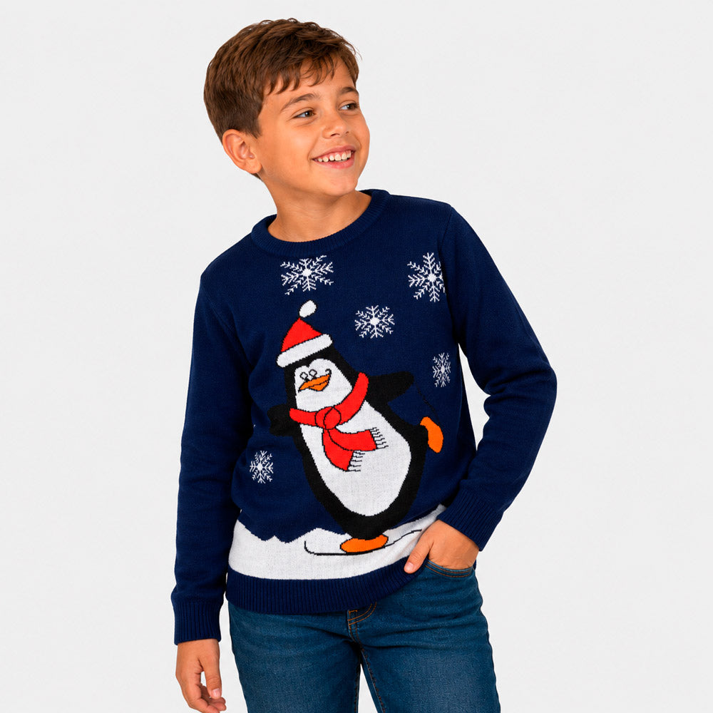 Camisola de Natal Azul Família com Pinguim Menino