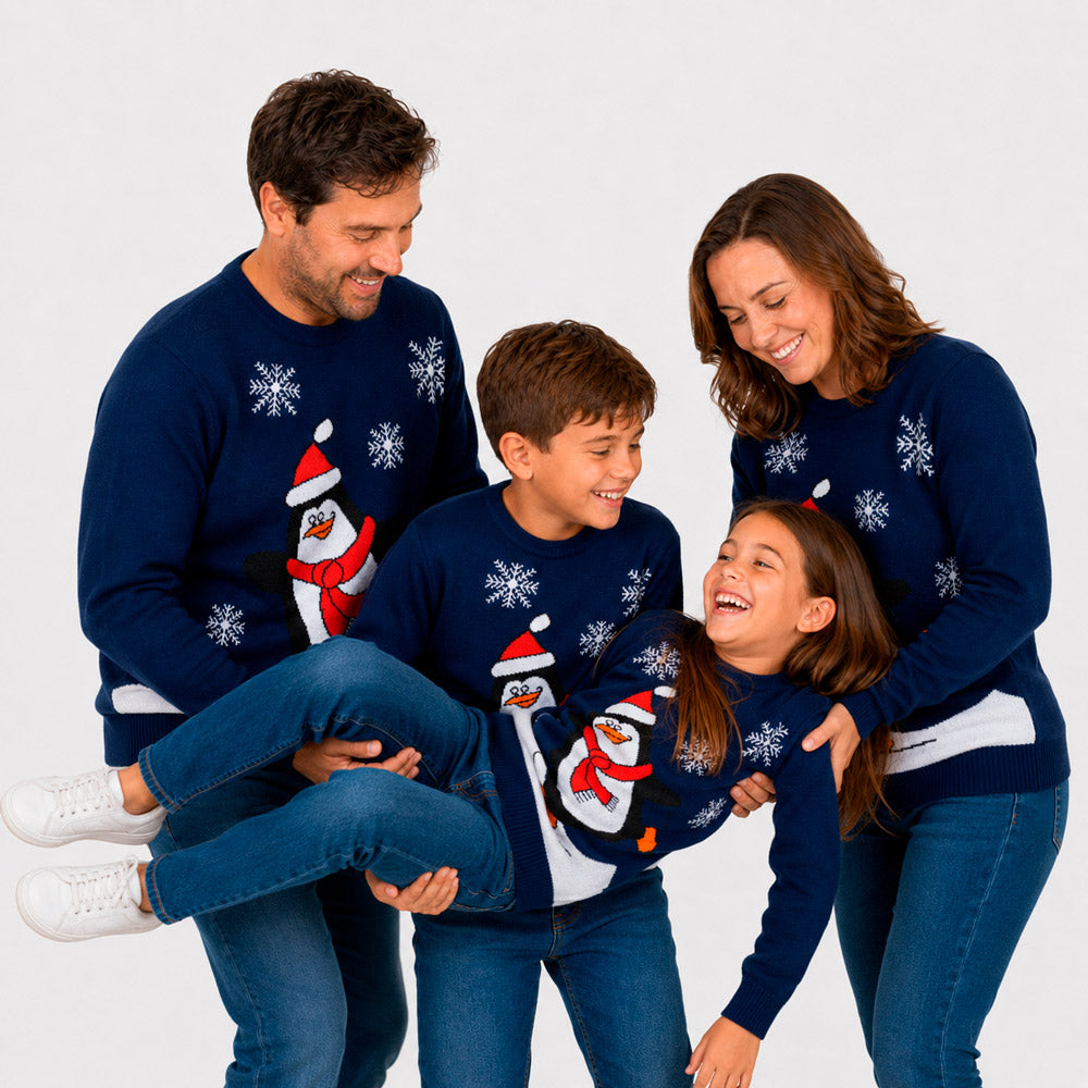 Camisola de Natal Azul Família com Pinguim
