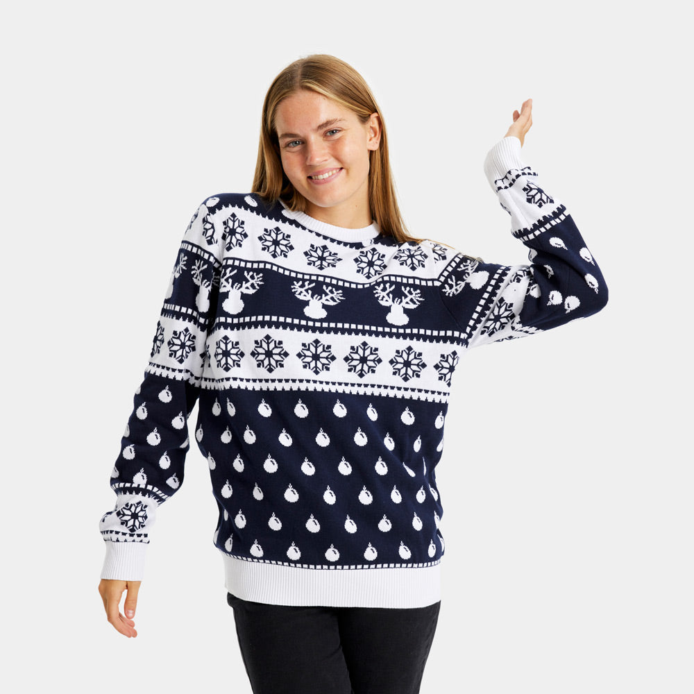 Camisola de Natal Azul para Menina e Menino com Renas e Neve Mulher

