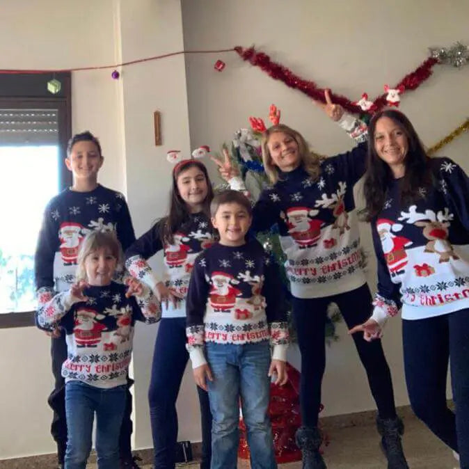 Camisola de Natal Familia Pai Natal e Rena Azul