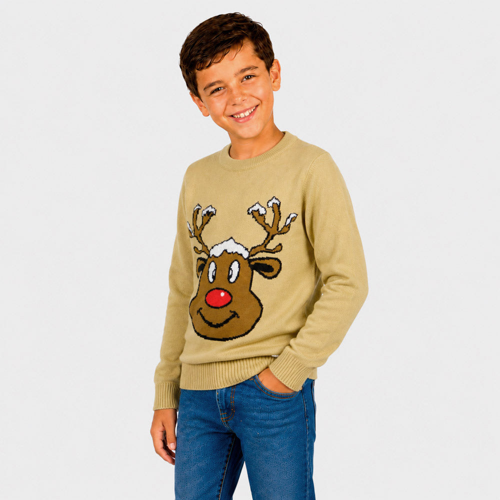 Camisola de Natal Família Bege com Rena Sorridente Menino
