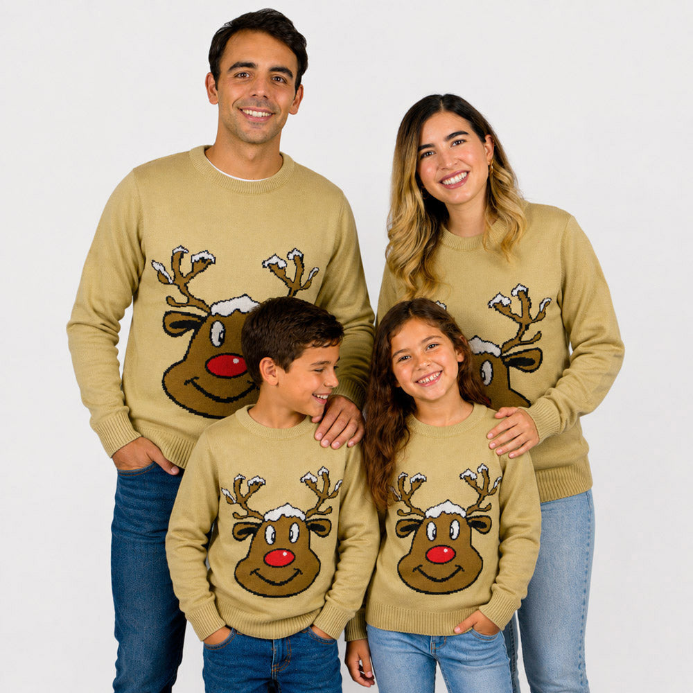 Camisola de Natal Família Bege com Rena Sorridente
