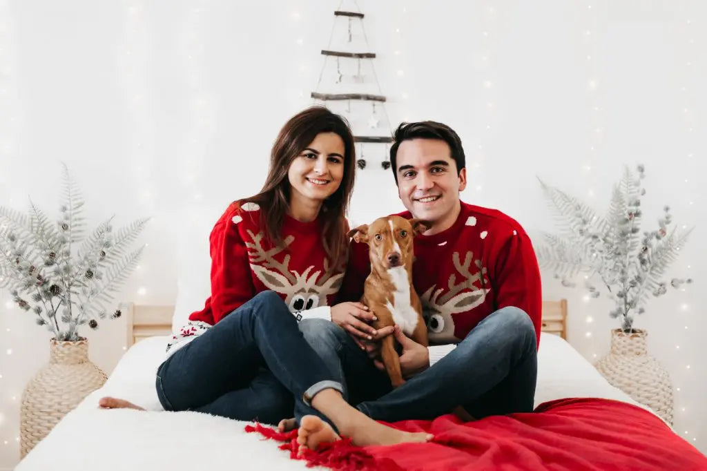 Camisola de Natal Casal Rena e Neve Vermelha com Cachorro