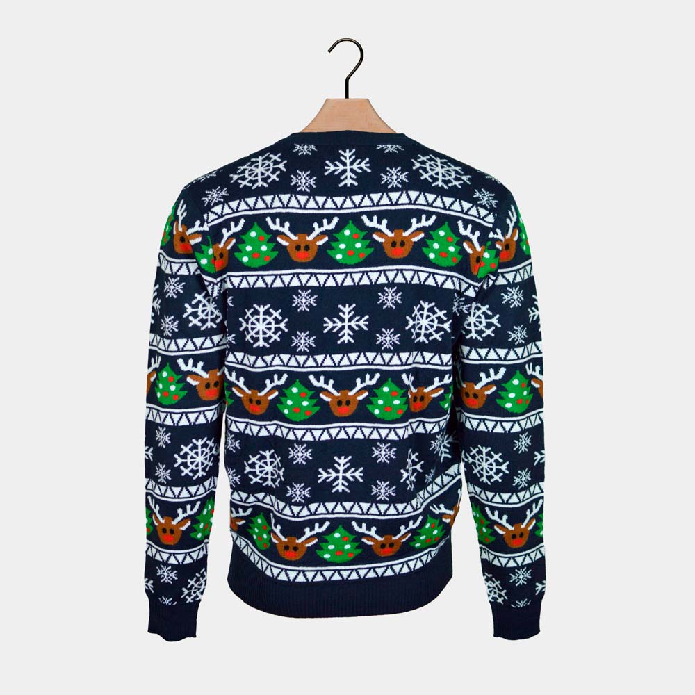 Camisola de Natal Cardigan Azul com Renas e Árvores