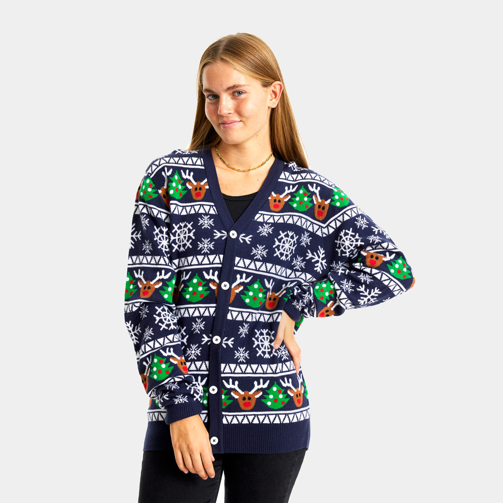 Camisola de Natal Cardigan para Casal Azul com Renas e Árvores