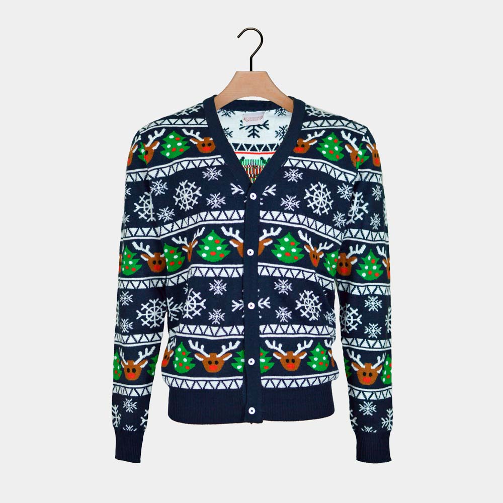 Camisola de Natal Cardigan Homem Azul com Renas e Árvores