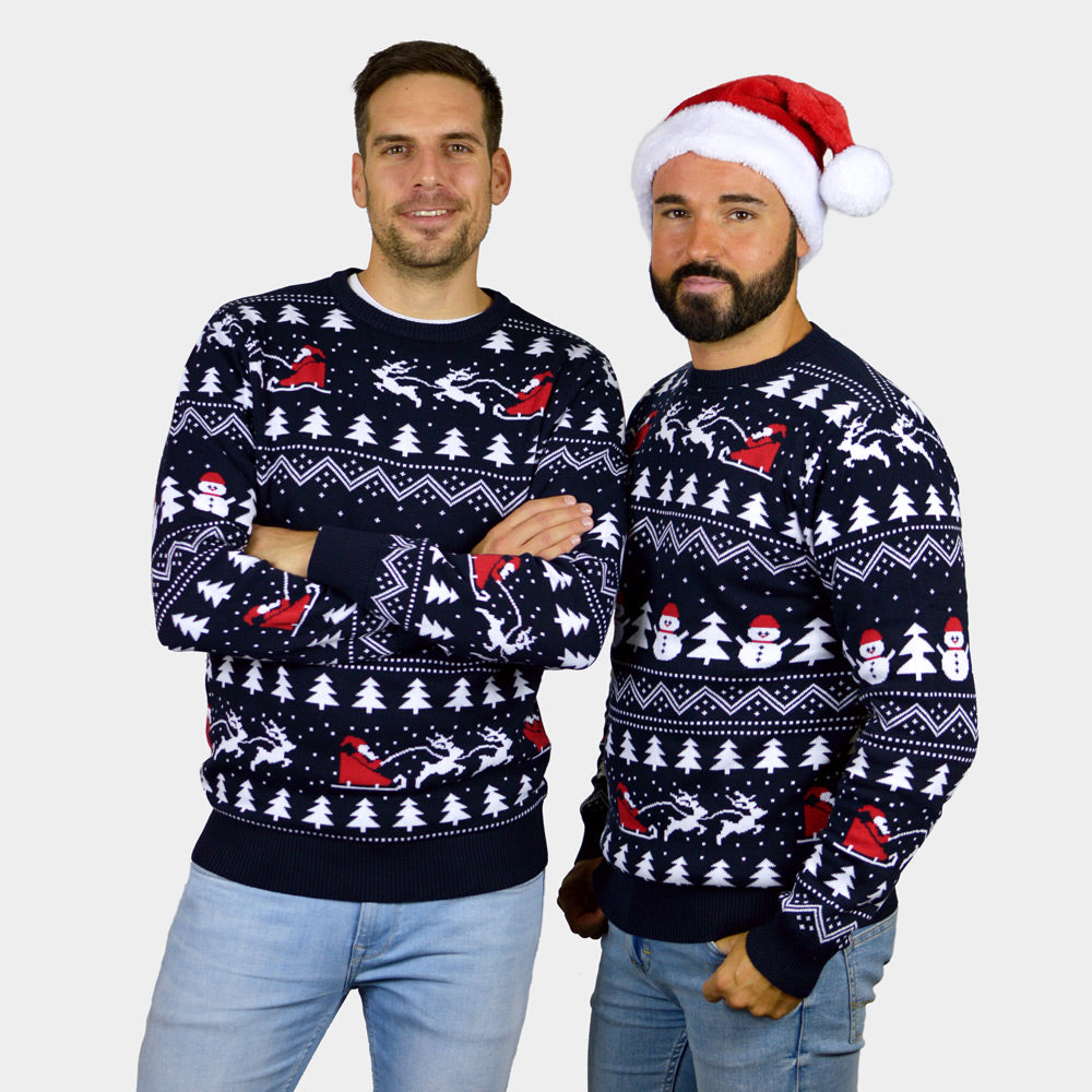 Camisola de Natal para Casal Azul com Árvores, Bonecos e Pai Natal homem