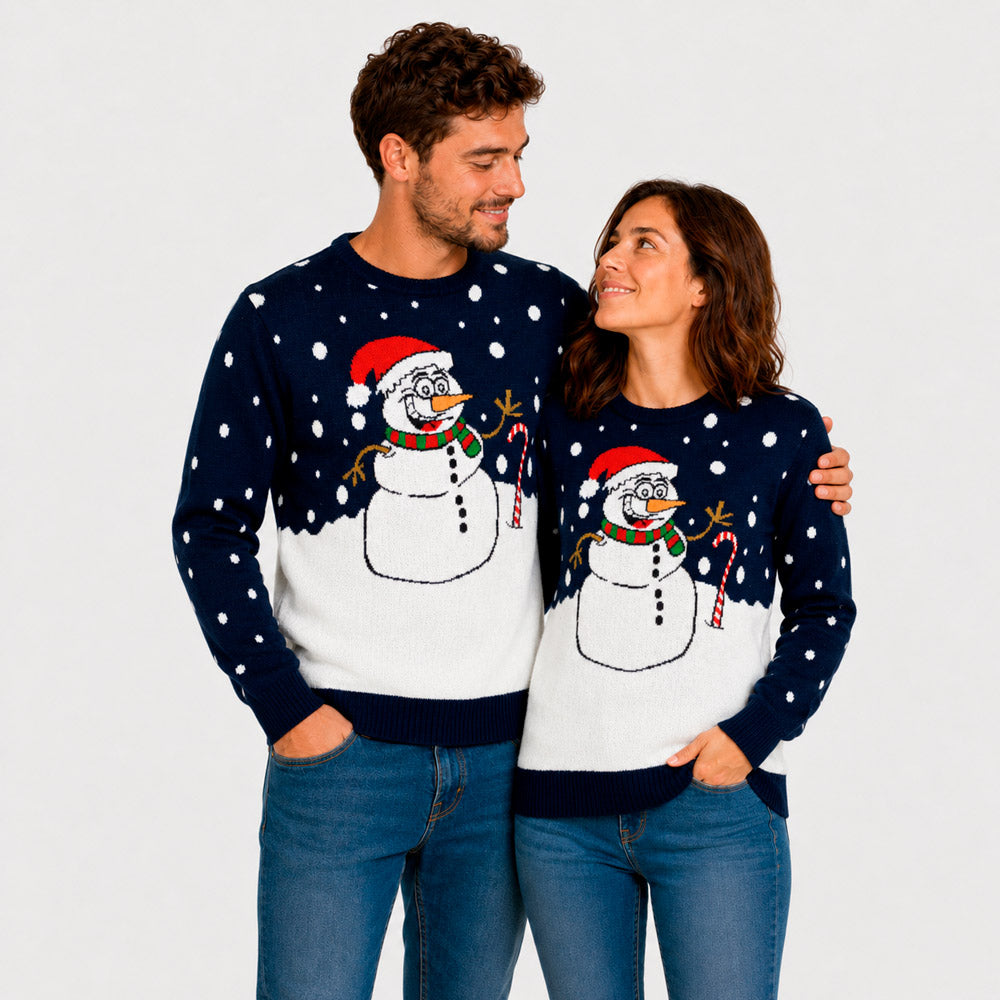 Camisola de Natal Azul Marinho com Boneco de Neve Casal
