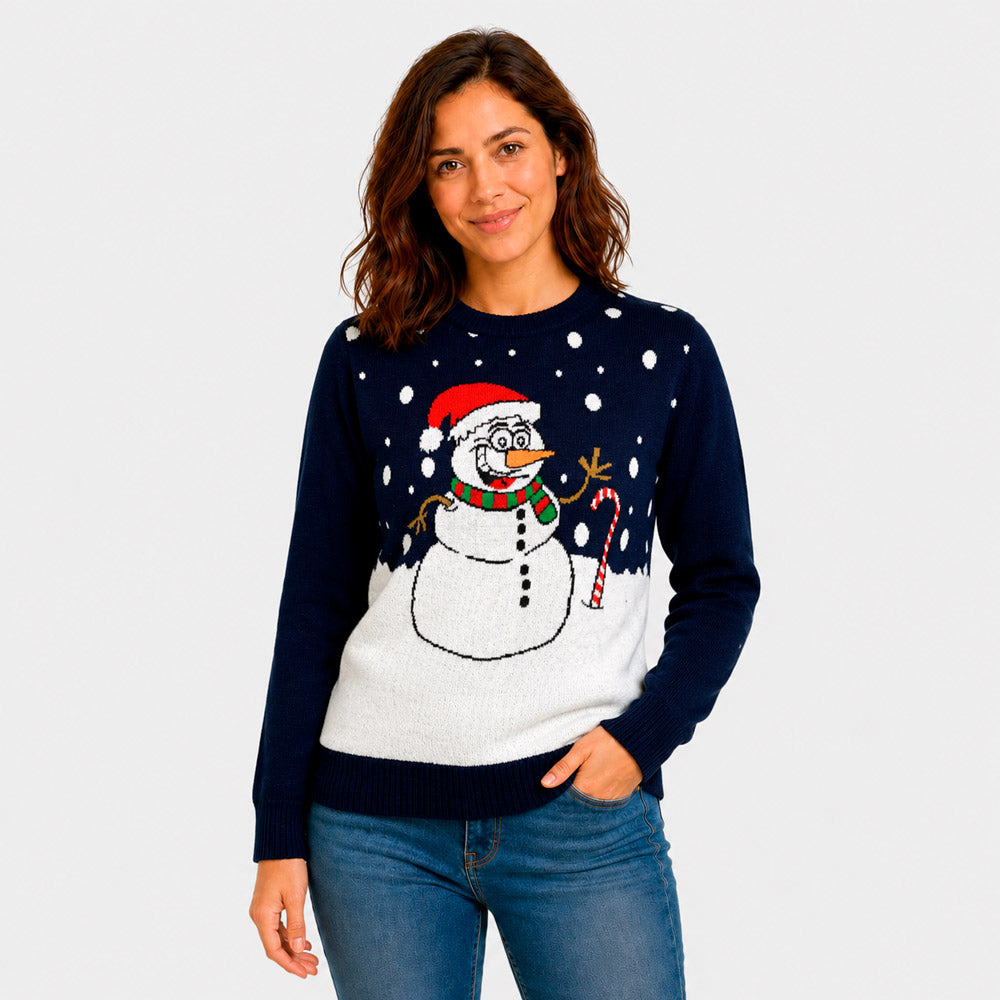 Camisola de Natal Azul Marinho com Boneco de Neve Mulher
