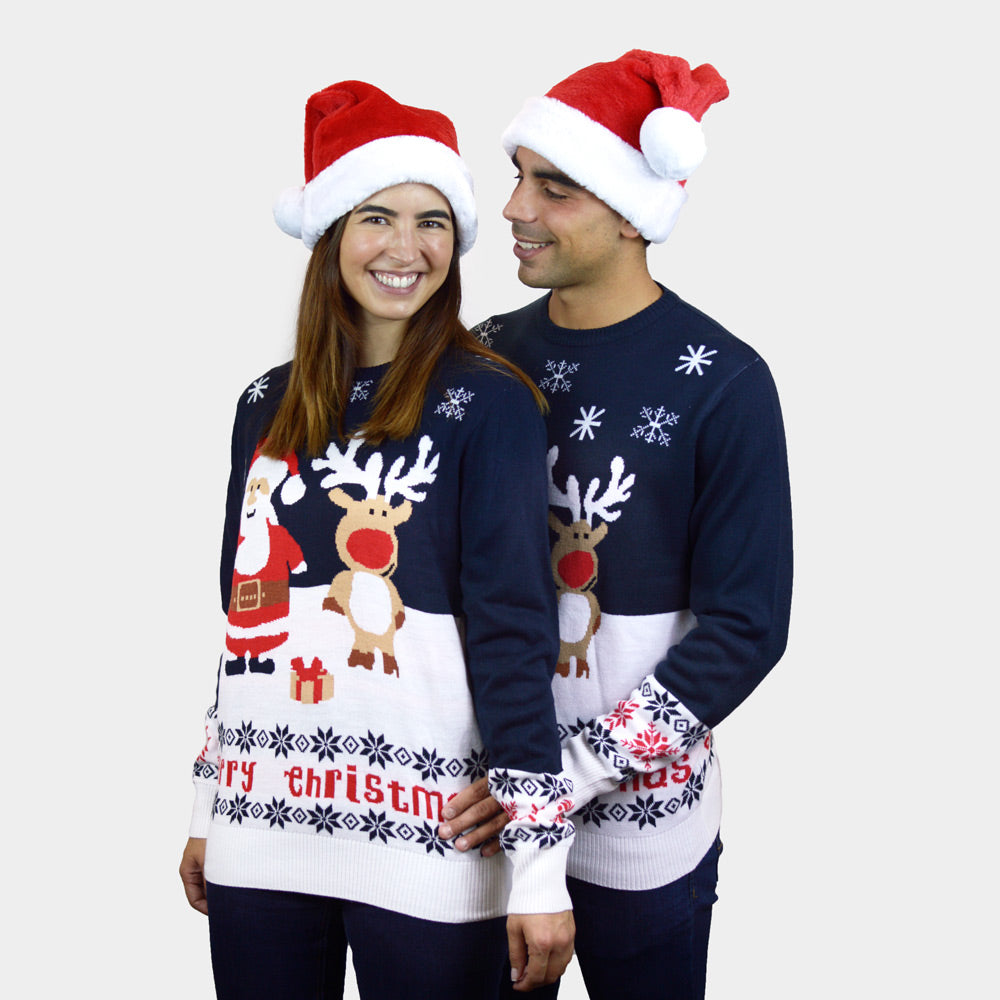 Camisola de Natal  para Casal Azul con Pai Natal e Rena Rudolph