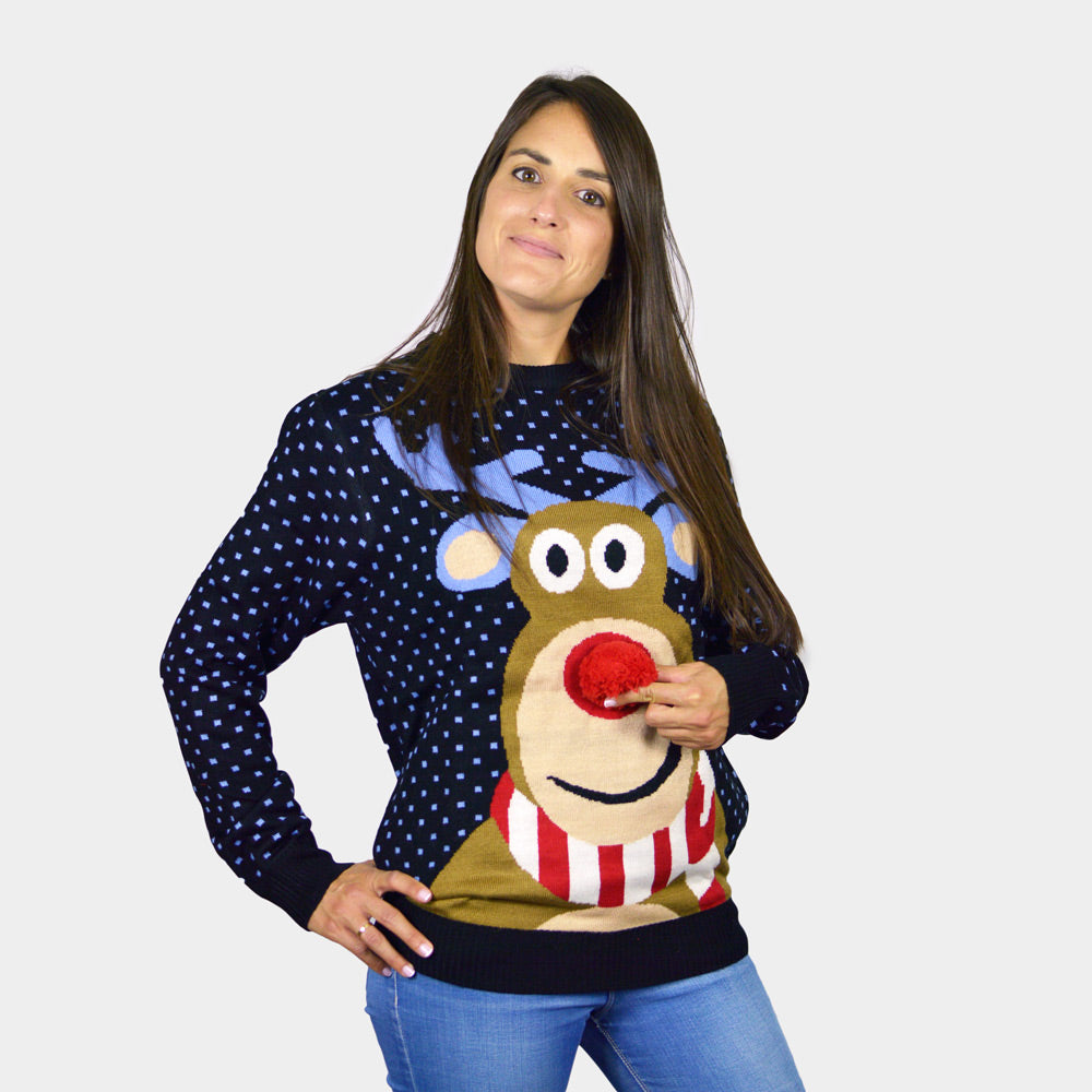 Camisola de Natal para Casal Azul Rena com Nariz Vermelho 3D mulher