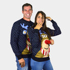 Camisola de Natal para Casal Azul Rena com Nariz Vermelho 3D