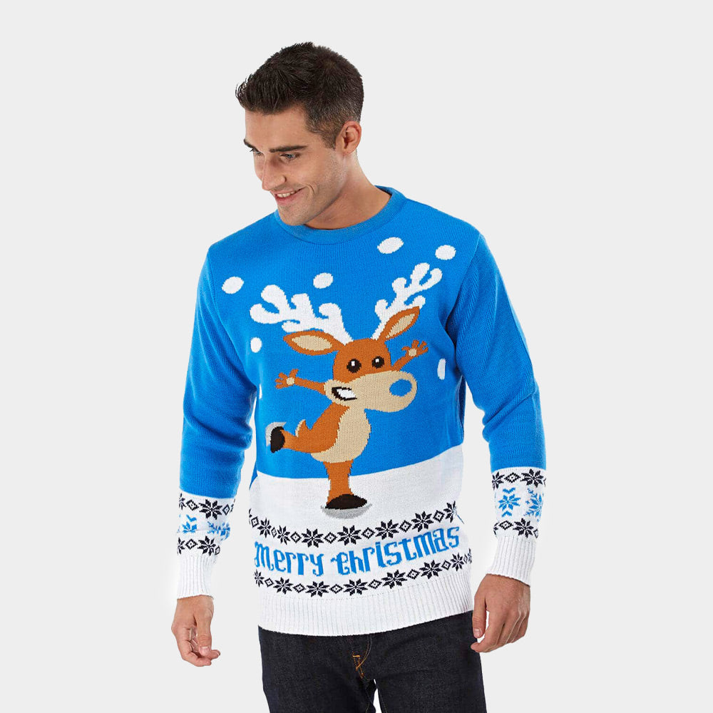Camisola de Natal para Casal Azul com Rena Patinadora homem