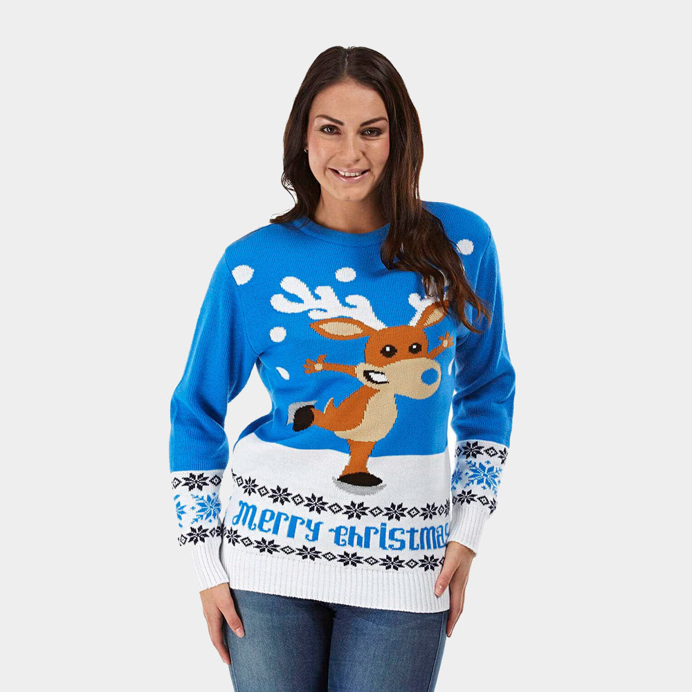 Camisola de Natal para Casal Azul com Rena Patinadora mulher