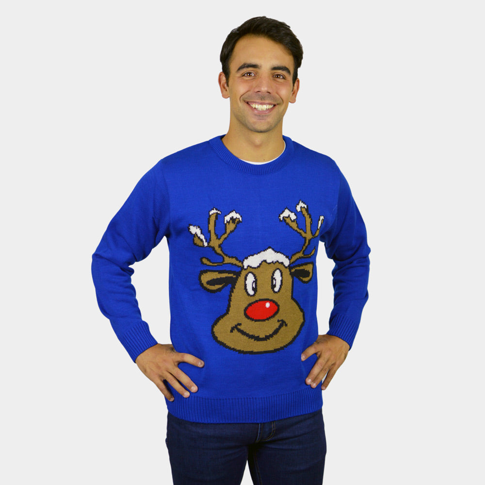 Camisola de Natal para Casal Azul com Rena Sorridente homem