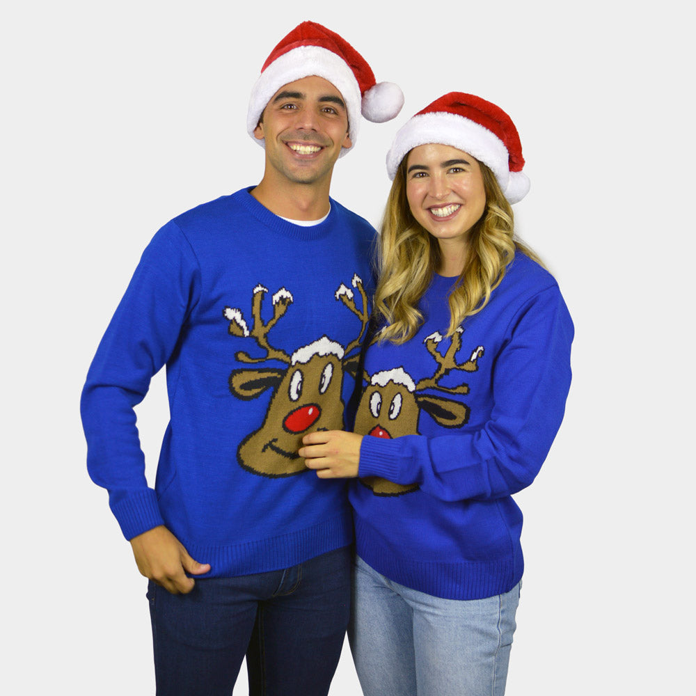 Camisola de Natal para Casal Azul com Rena Sorridente