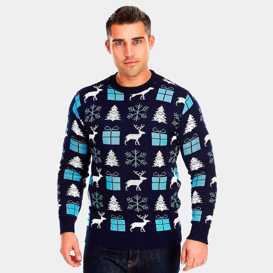 Camisola de Natal para Casal Azul com Renas, Presentes e Pinheiros homem