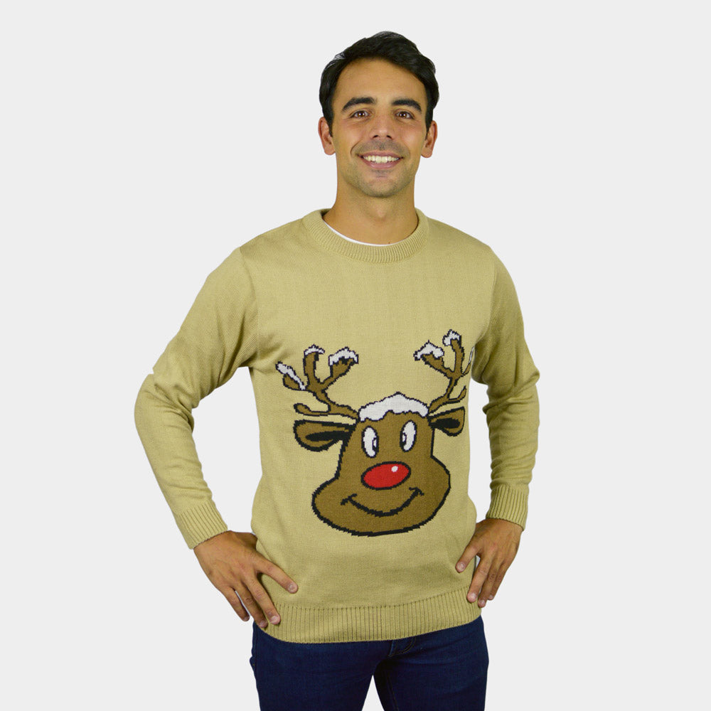 Camisola de Natal para Casal Bege com Rena Sorridente homem