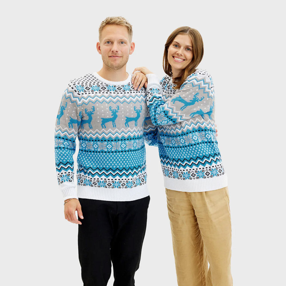 Camisola de Natal Casal Elegante Branca, Cinza e Azul Renas
