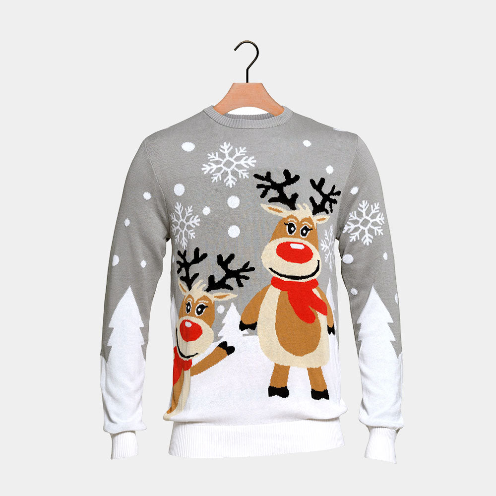 Camisola de Natal para Casal Cinza com Renas Cute