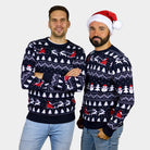 Camisola de Natal para Casal homem Azul com Árvores, Bonecos e Pai Natal Algodão Orgânico