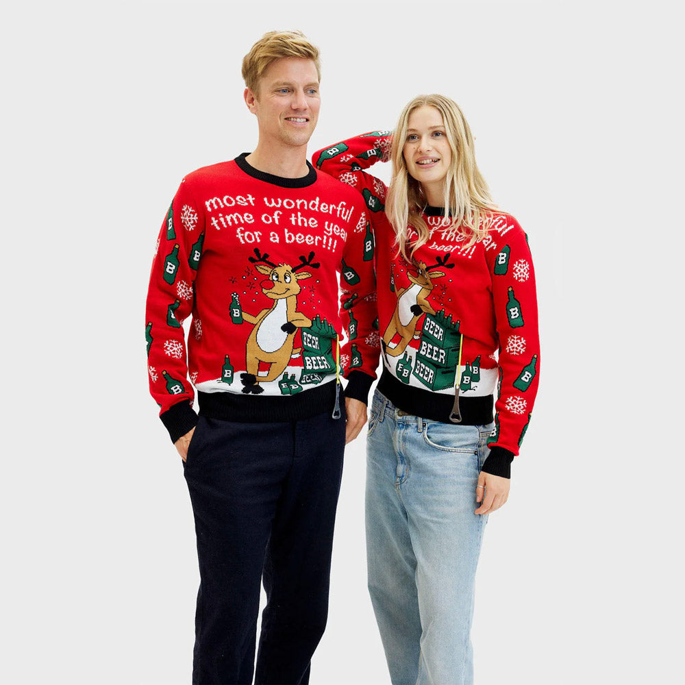 Camisola de Natal Casal homem Mulher Rena com Abridor de Cerveja
