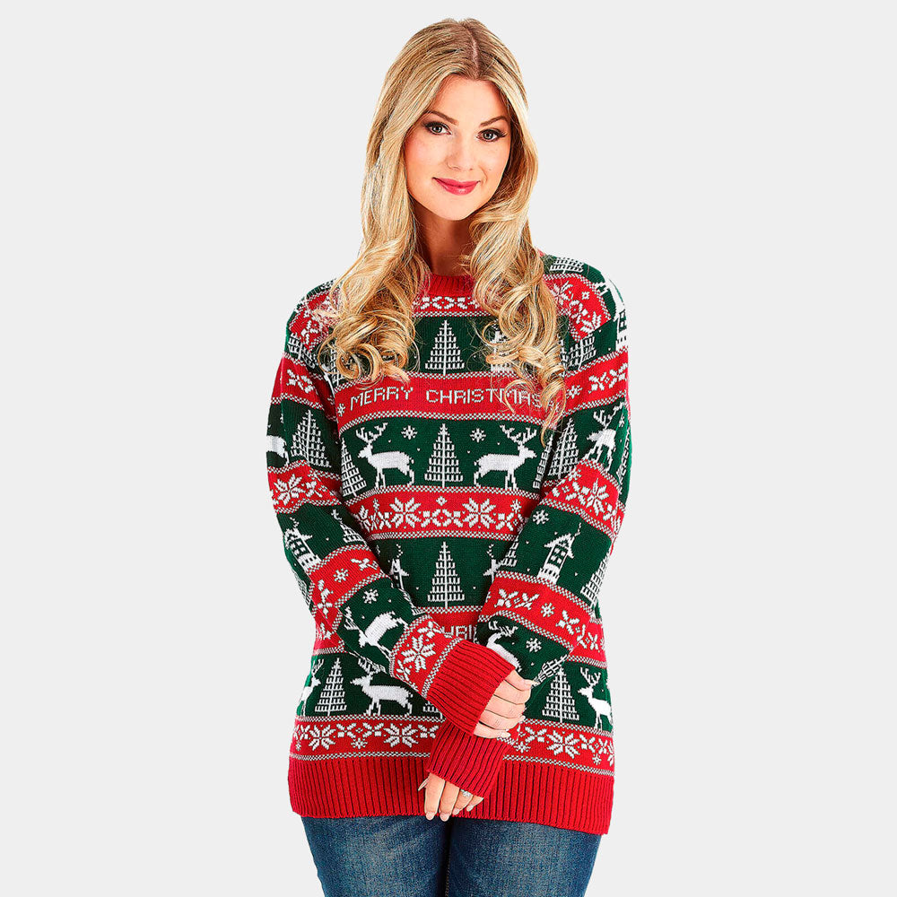 Camisola de Natal para Casal Listras Verdes e Vermelhas Merry Christmas mulher