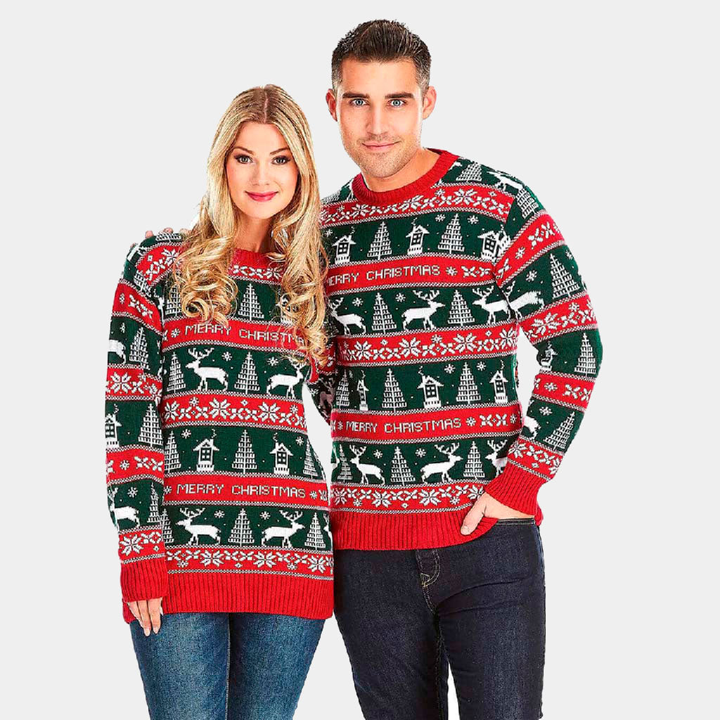 Camisola de Natal para Casal Listras Verdes e Vermelhas Merry Christmas